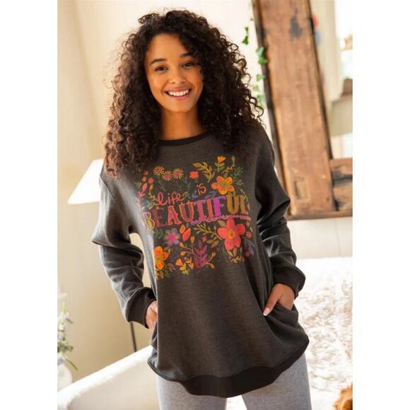 NATURAL LIFE Tops - Natural Life Womens Sweatshirt Small Green Life Is Beautiful Pockets Fleece Cozy